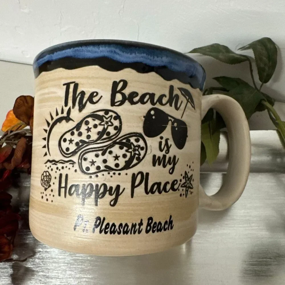 Beach Coffee Mug Ceramic Blue Trim “Happy Place” Mt Pleasant Beach Vacation